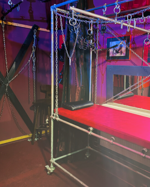 BDSM speelruimte in seksbioscoop L'Amour Hulst met metalen frame, kettingen en paarse sfeerverlichting