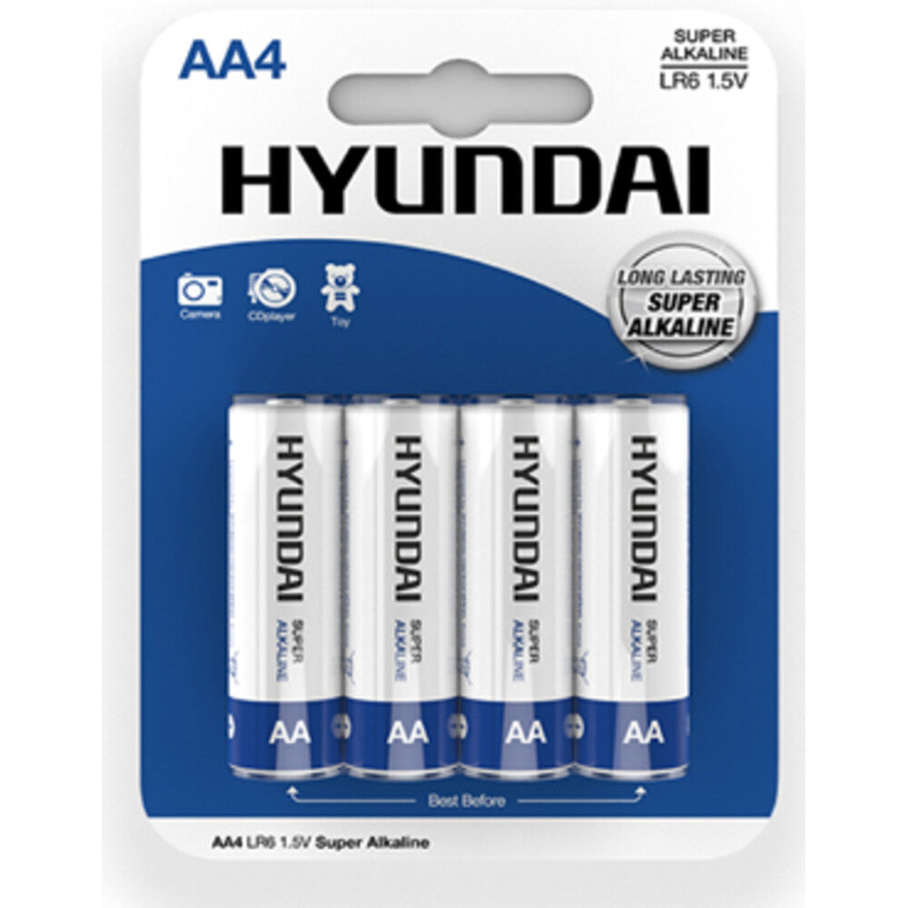 Blauw-witte blisterkaart met vier AA-batterijen LR6 1,5 V, Super Alkaline van Hyundai