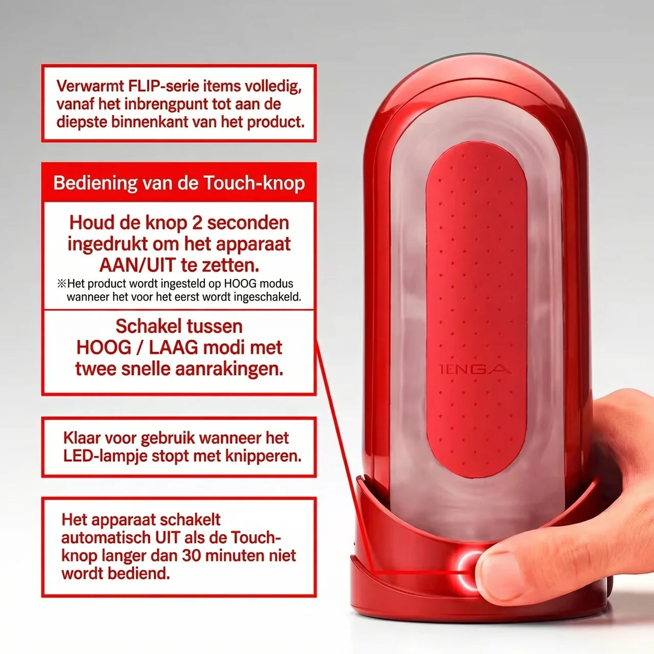 TENGA Flip Zero warmer in rood, gebruiksinstructie met touch-knop bediening en verwarmingsfuncties