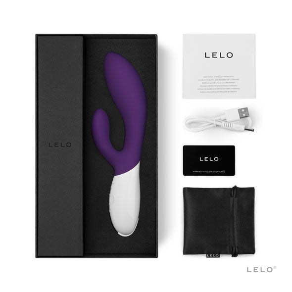 Ina 3 Lelo rabbit vibrator paars met accessoires zwarte doos USB-kabel opbergzakje handleiding