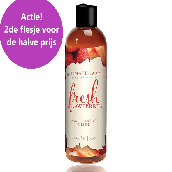 Verfijnd glijmiddel met aardbeiensmaak van De Paarse Keizerin op neutrale achtergrond