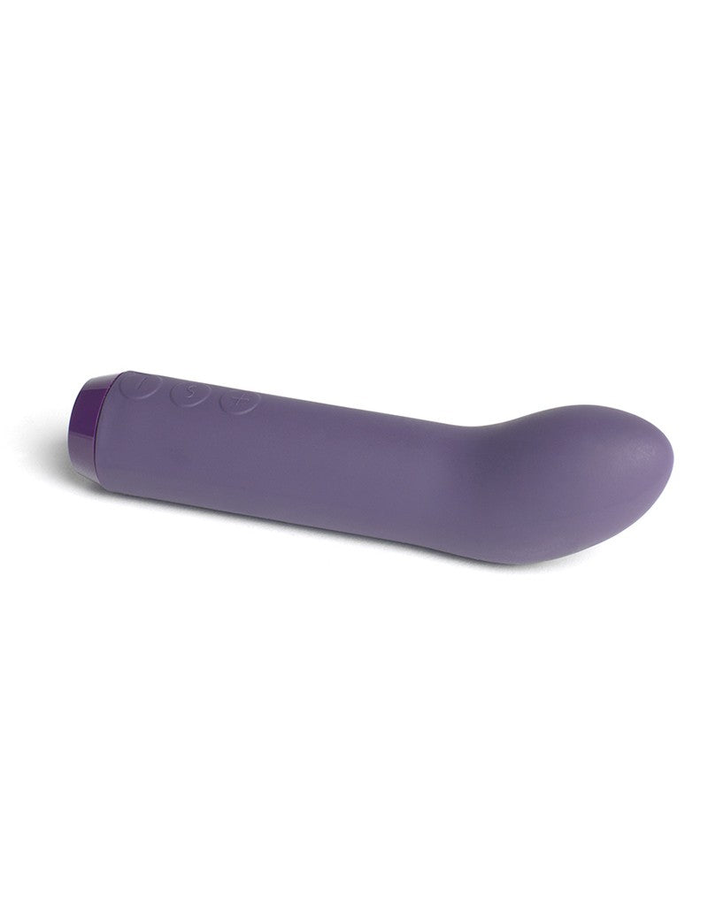 Paarse G-Spot Bullet liggend, met de drie knopjes onderaan en de gebogen punt