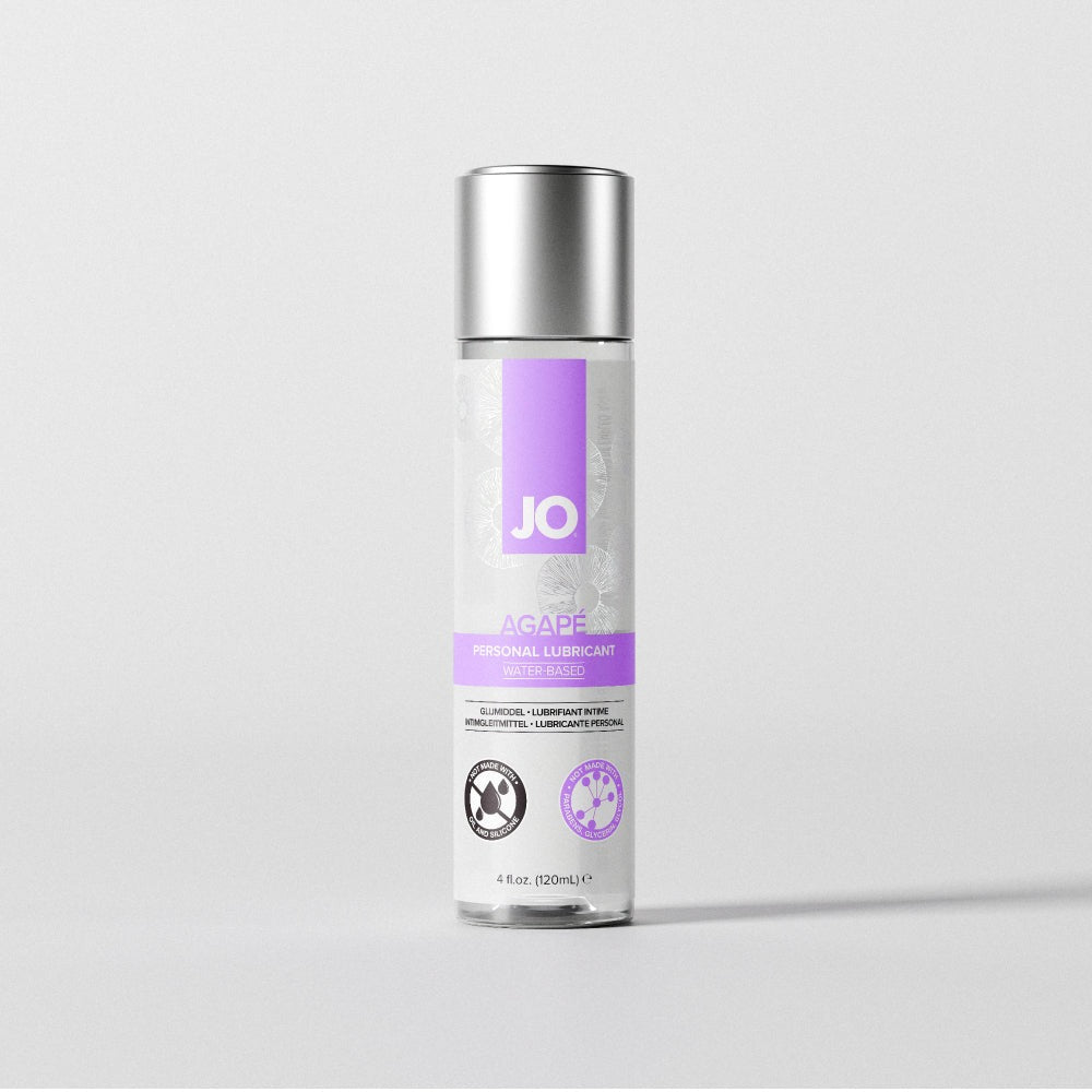 Fles JO Agape glijmiddel op waterbasis 120 ml op lichtgrijze achtergrond