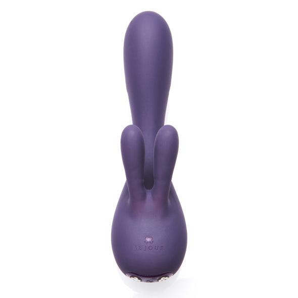 Vooraanzicht van de paarse Fifi rabbit vibrator met schacht, twee oortjes en knopjes, Je Joue