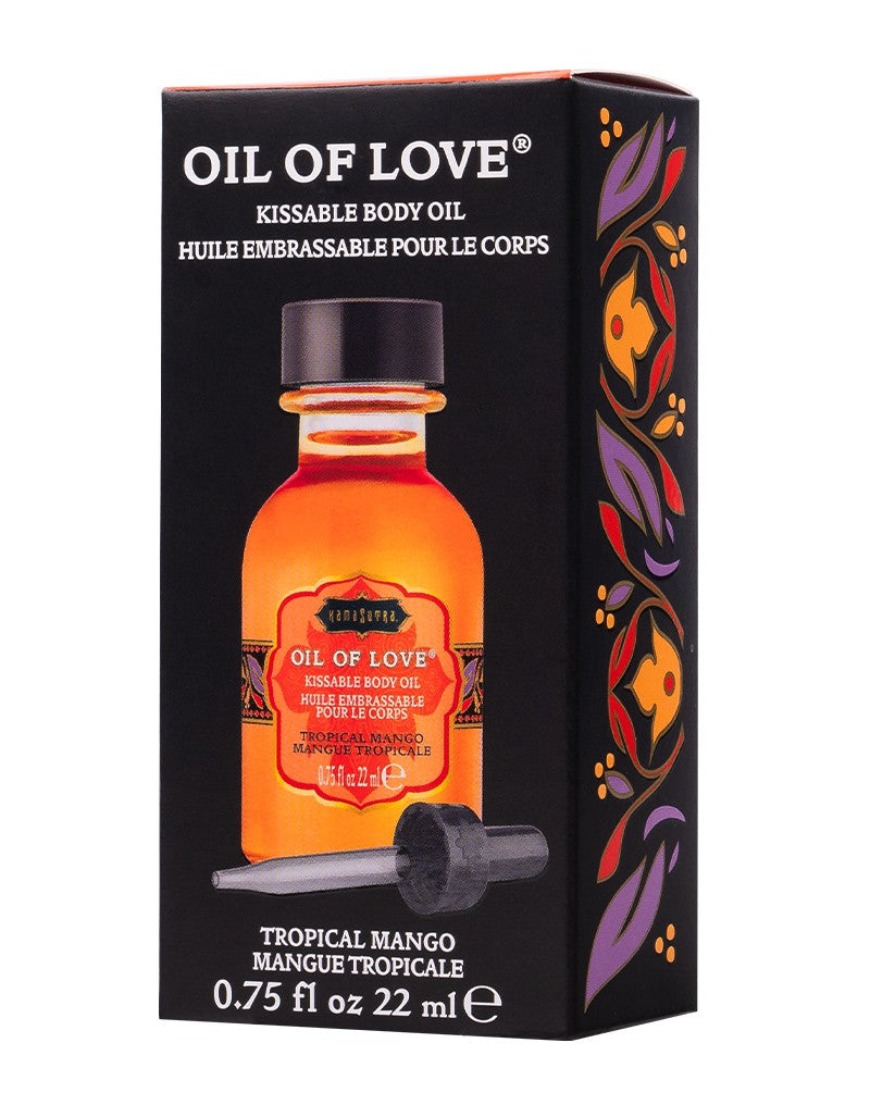 Zwart doosje Oil of Love Tropical Mango kusbare olie van 22 ml met pipetflesje, Kama Sutra