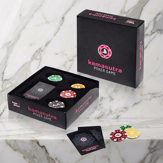Zwarte doos met fiches en speelkaarten op een marmeren plank, Kamasutra Poker Game van Tease & Please