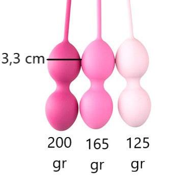 Maatfoto van de drie kegels: 200, 165 en 125 gram, doorsnede 3,3 cm