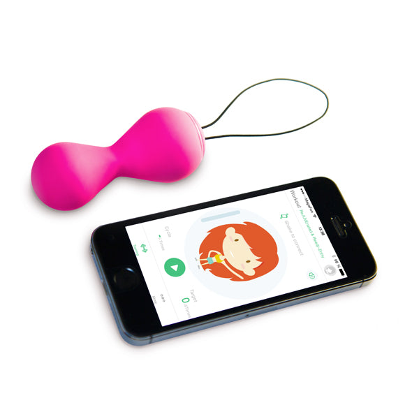 Roze kegelballen naast smartphone met bijbehorende trainingapp voor bekkenbodemspieren