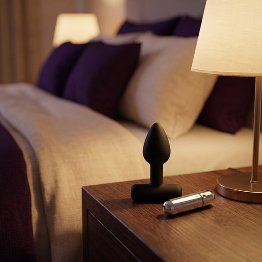Sfeerbeeld: kleine zwarte buttplug rechtop naast het zilverkleurige vibratiebulletje op een nachtkastje bij een lamp
