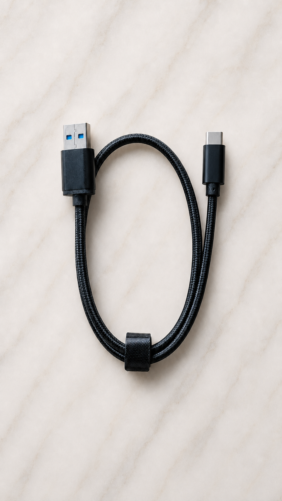 Paarse USB-C oplaadkabel, opgerold en gefotografeerd op een witte ondergrond, vooraanzicht