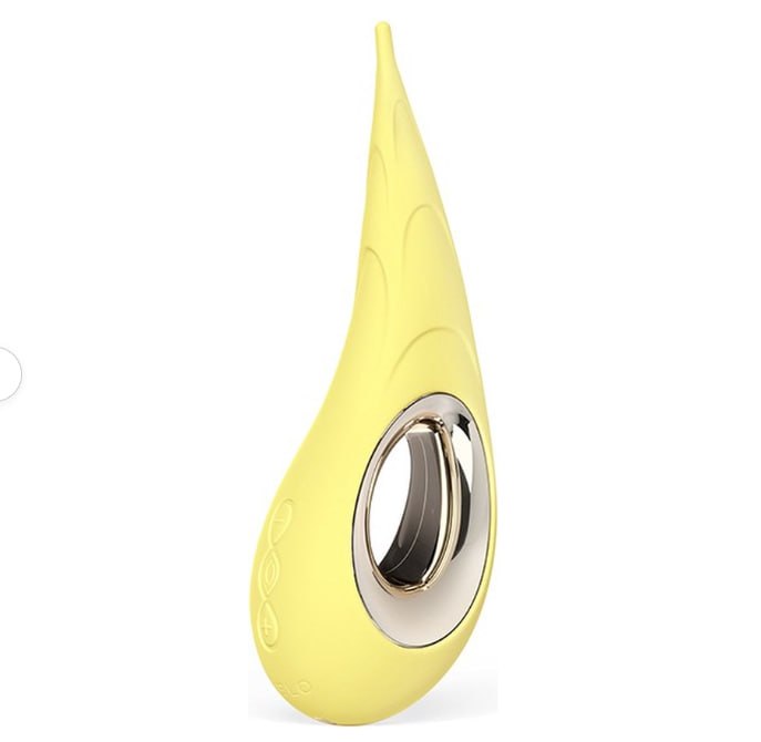 Lelo Dot clitoris stimulator van voren, met smalle gebogen punt en ovale greep