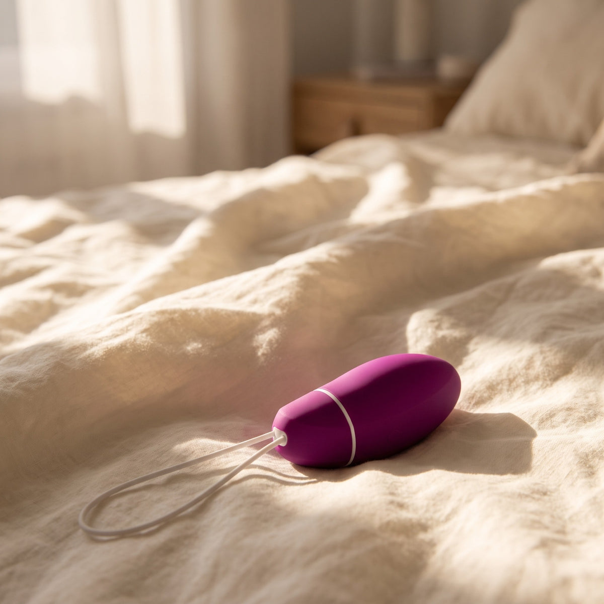 Sfeerbeeld: LELO Luna Smart Bead op een opgemaakt bed met creme linnen in ochtendlicht