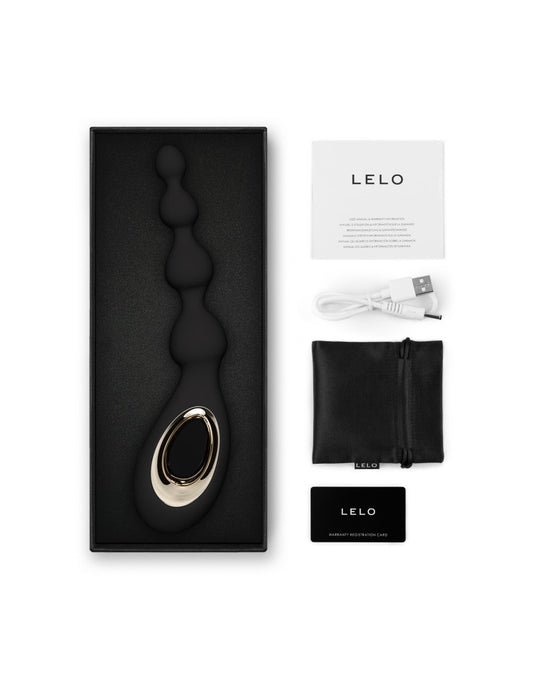 Lelo Soraya Beads zwart siliconen kralenmassager met goudkleurig ringdetail USB-kabel en opbergzakje