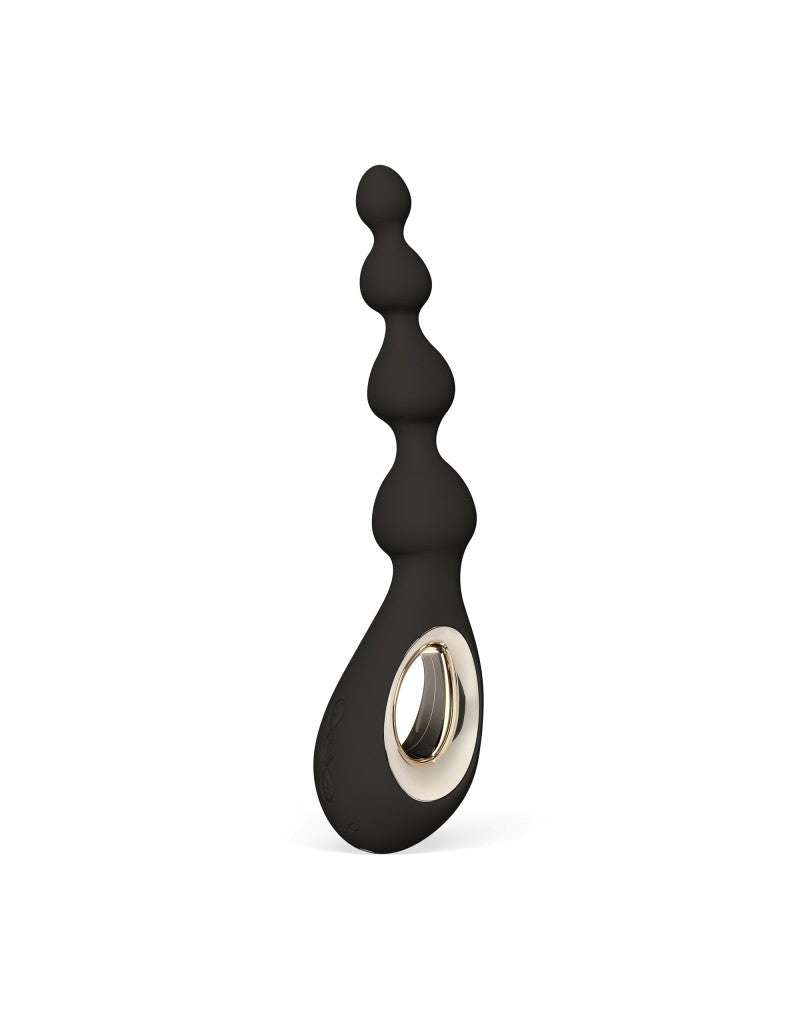 Lelo Soraya Beads zwart siliconen vier oplopende kralen met goudkleurige ovale greepring
