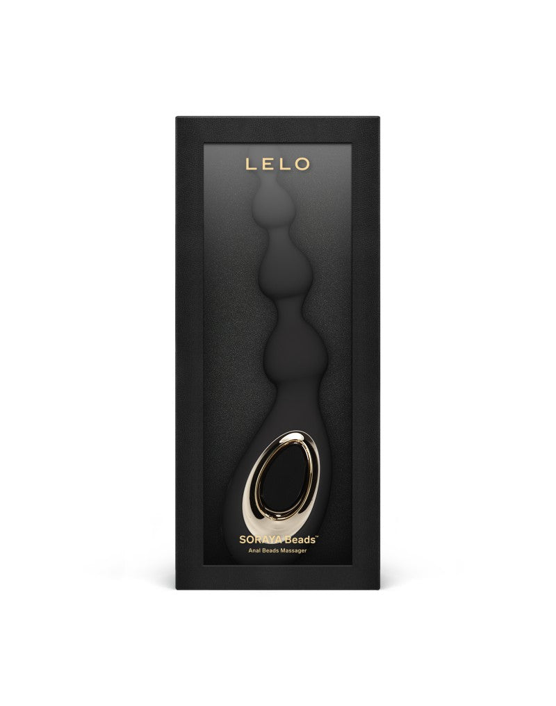 Lelo Soraya Beads zwarte verpakking met zichtbare kralenmassager en goudkleurig ringdetail