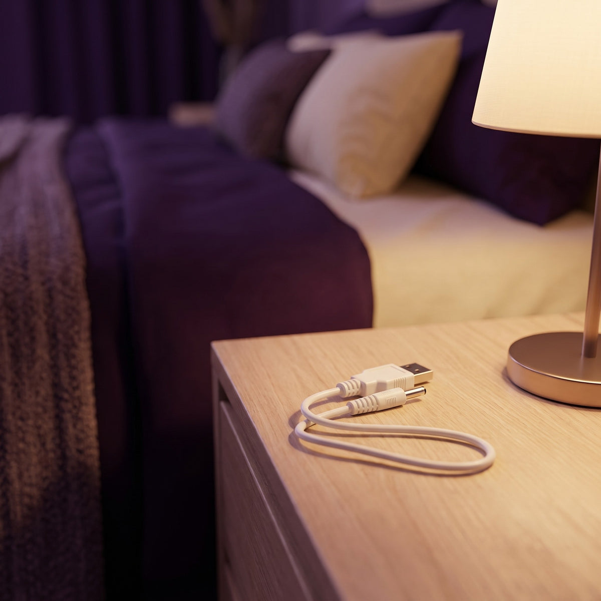 Sfeerbeeld: witte LELO oplaadkabel op een houten nachtkastje naast een brandende lamp