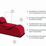Tekening van de rode Liberator Esse Lounger met vijf punten: losse hoofdsteun en kussentje, hoge ronding, wasbare hoes, vochtwerende binnenhoezen en schuimkern