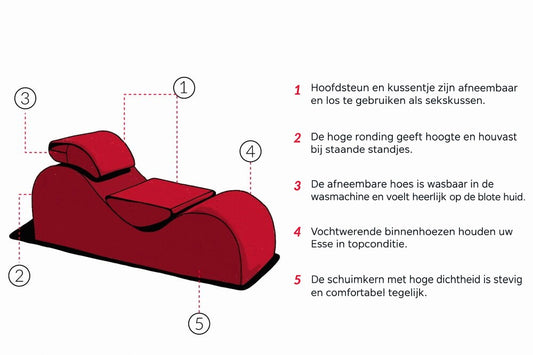 Tekening van de rode Liberator Esse Lounger met vijf punten: losse hoofdsteun en kussentje, hoge ronding, wasbare hoes, vochtwerende binnenhoezen en schuimkern