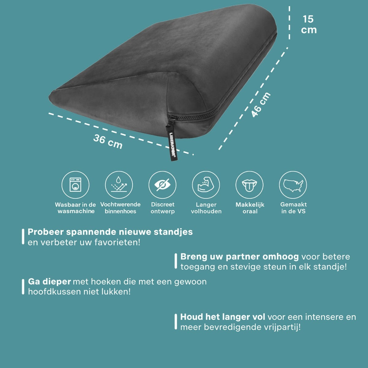 Liberator Jaz met maten 46 x 36 x 15 cm, zes pictogrammen en vier pluspunten in het Nederlands