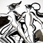 Zwart-wit inkt kunstwerk van sensuele vrouwelijke figuren in beweging, erotische wanddecoratie