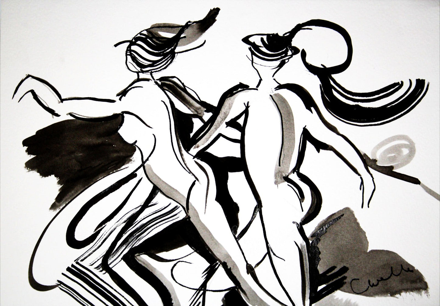 Zwart-wit inkt kunstwerk van sensuele vrouwelijke figuren in beweging, erotische wanddecoratie