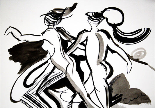 Zwart-wit inkt kunstwerk van sensuele vrouwelijke figuren in beweging, erotische wanddecoratie