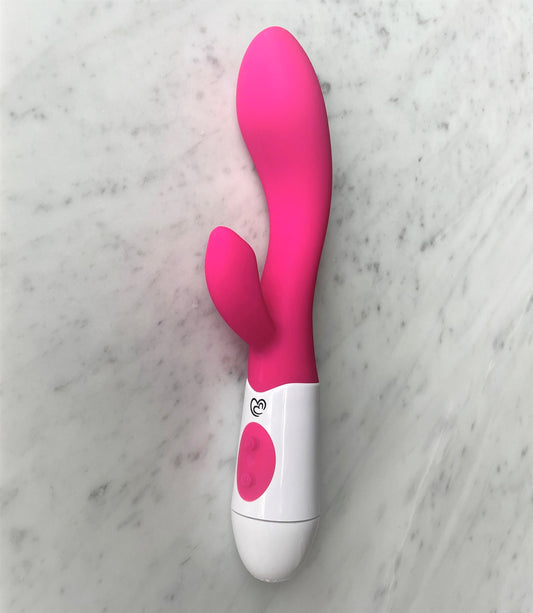 Lily Vibe Easy Toys roze siliconen rabbit vibrator met wit handvat en bedieningsknoppen bovenaanzicht