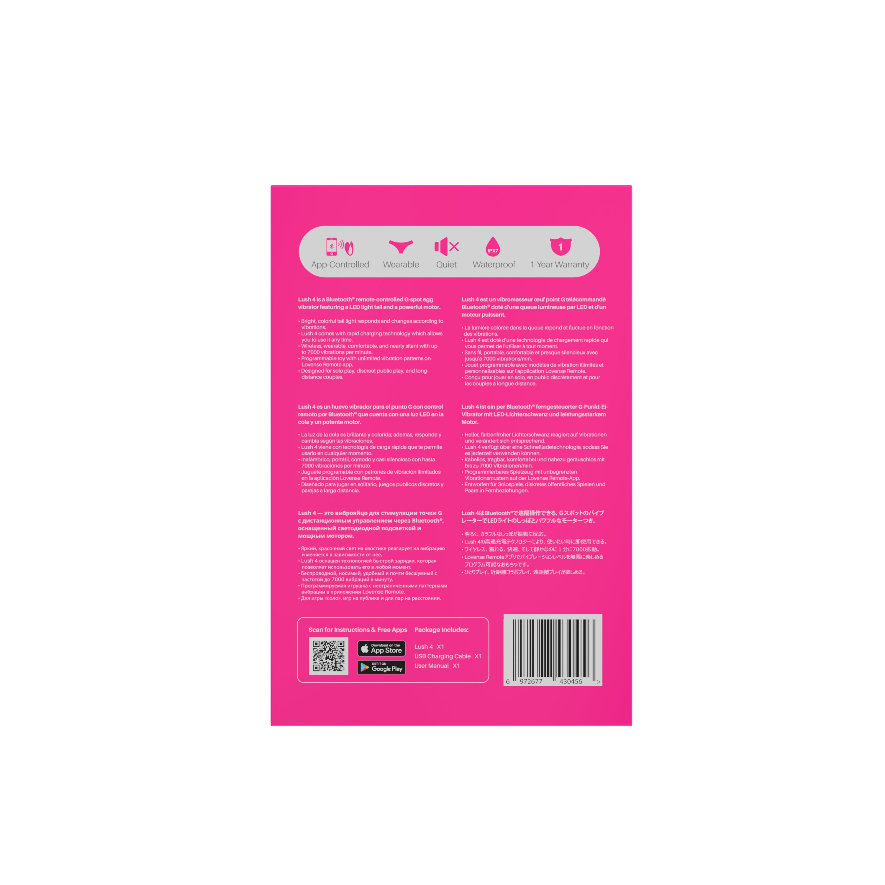 Achterkant van de doos van de Lovense Lush 4 met specificaties en inhoud