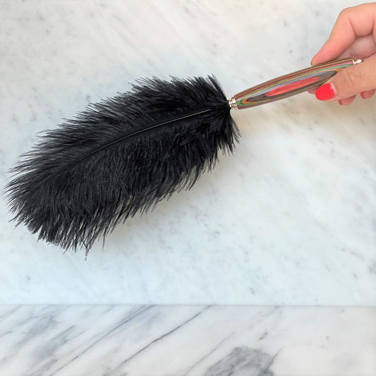 Hand met rode nagels houdt zwarte struisvogelveer tickler met meerkleurig houten handvat vast