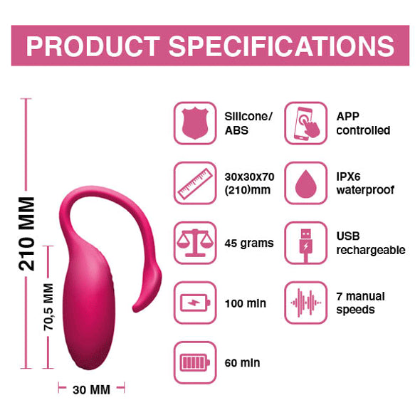 Specificaties van de Flamingo: 210 mm, 45 gram, siliconen, IPX6 en 7 standen