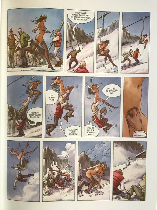Binnenpagina uit De Schakelaar deel 1 van Milo Manara met gekleurde strippanels