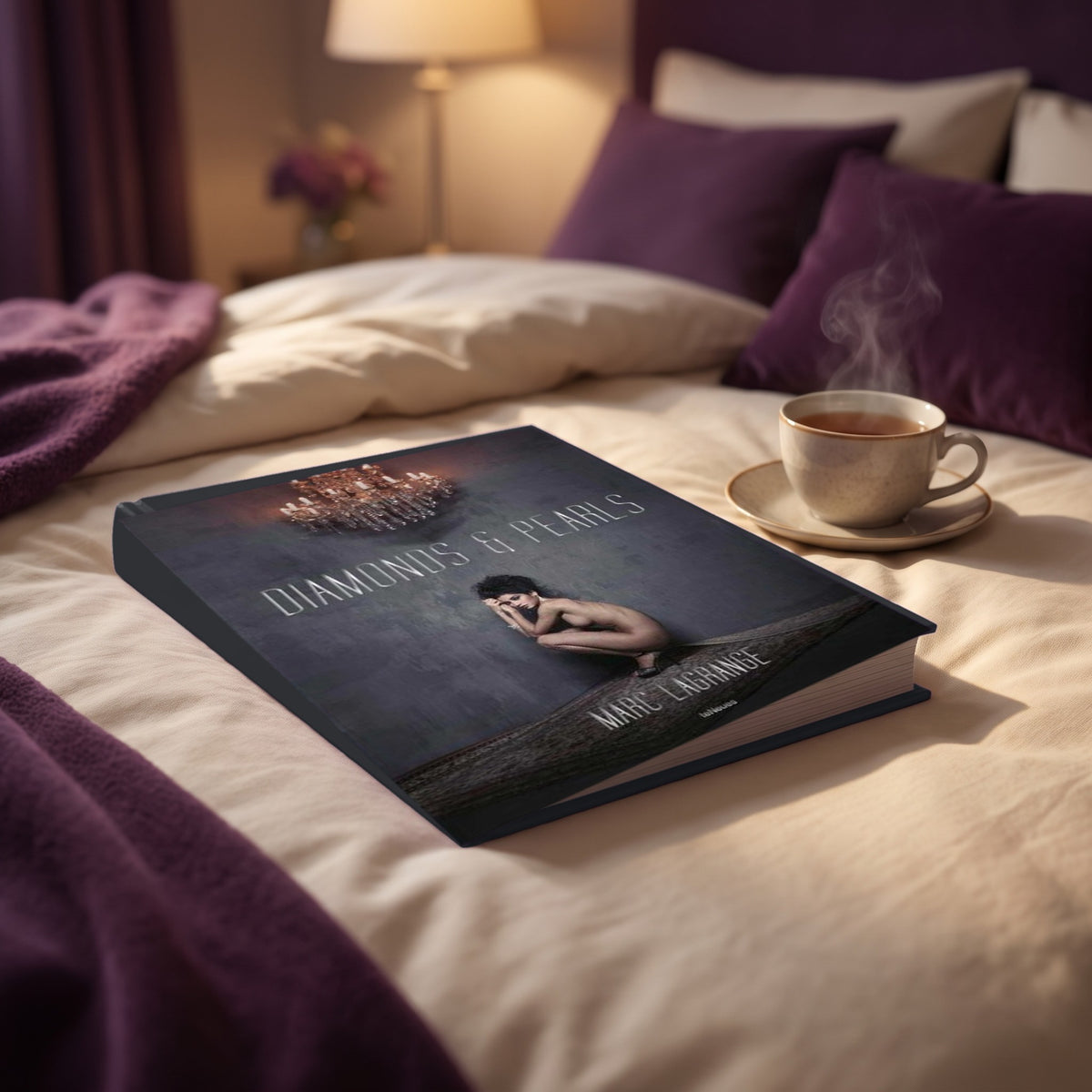 Sfeerbeeld: fotoboek Diamonds & Pearls op een opgemaakt bed naast een kop thee