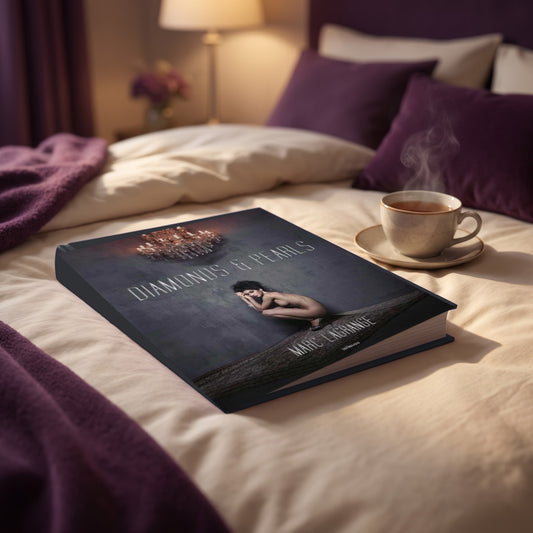 Sfeerbeeld: fotoboek Diamonds & Pearls op een opgemaakt bed naast een kop thee