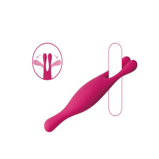 Svakom Marin vibrator in roze met diagram van flexibele dubbele armen en knijpbeweging