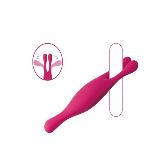 Svakom Marin vibrator in roze met diagram van flexibele dubbele armen en knijpbeweging