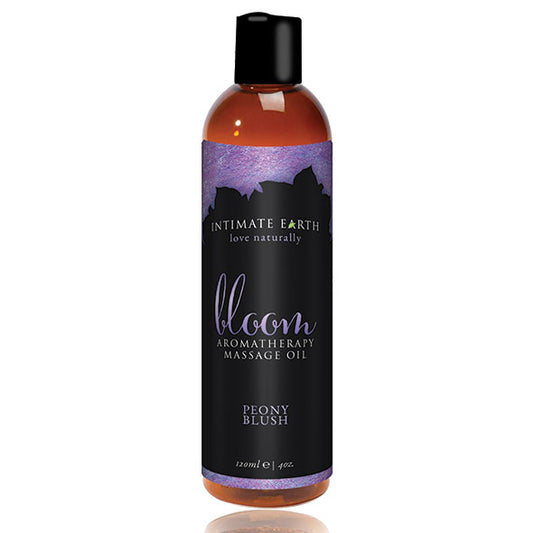 Intimate Earth Bloom aromatherapie massage-olie Peony Blush, 120 ml fles met paars-zwart etiket en zwarte schroefdop
