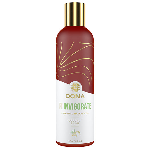 Dona Reinvigorate massage-olie 120 ml slanke donkerrode fles met gouden dop en sierlijnen