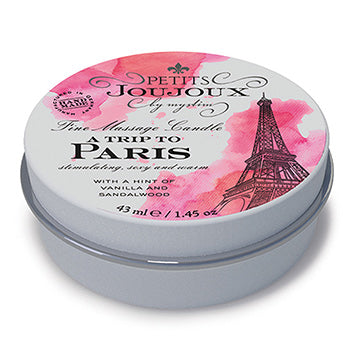 Dicht blikje van 43 ml met roze deksel en Eiffeltoren, massagekaars A Trip to Paris
