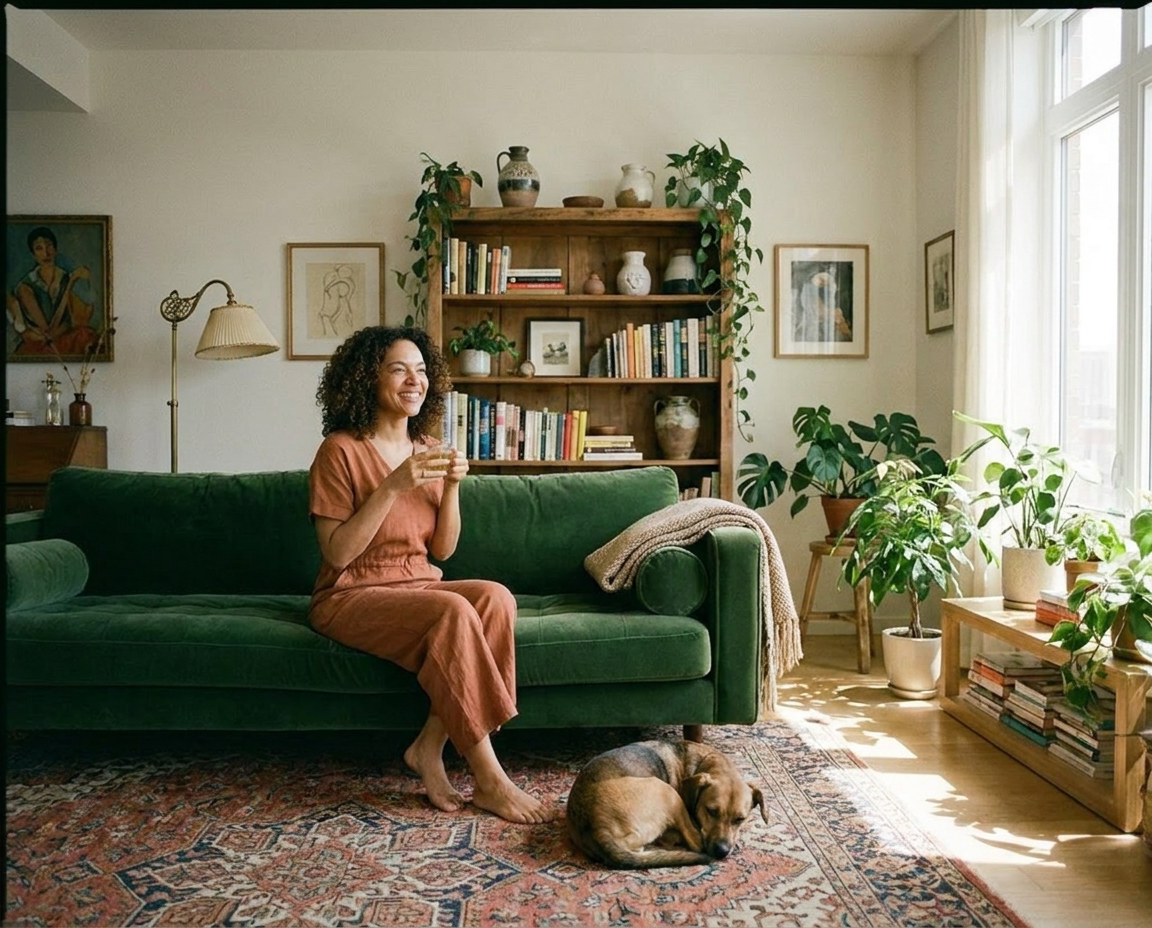 vrouw op bank woonkamer