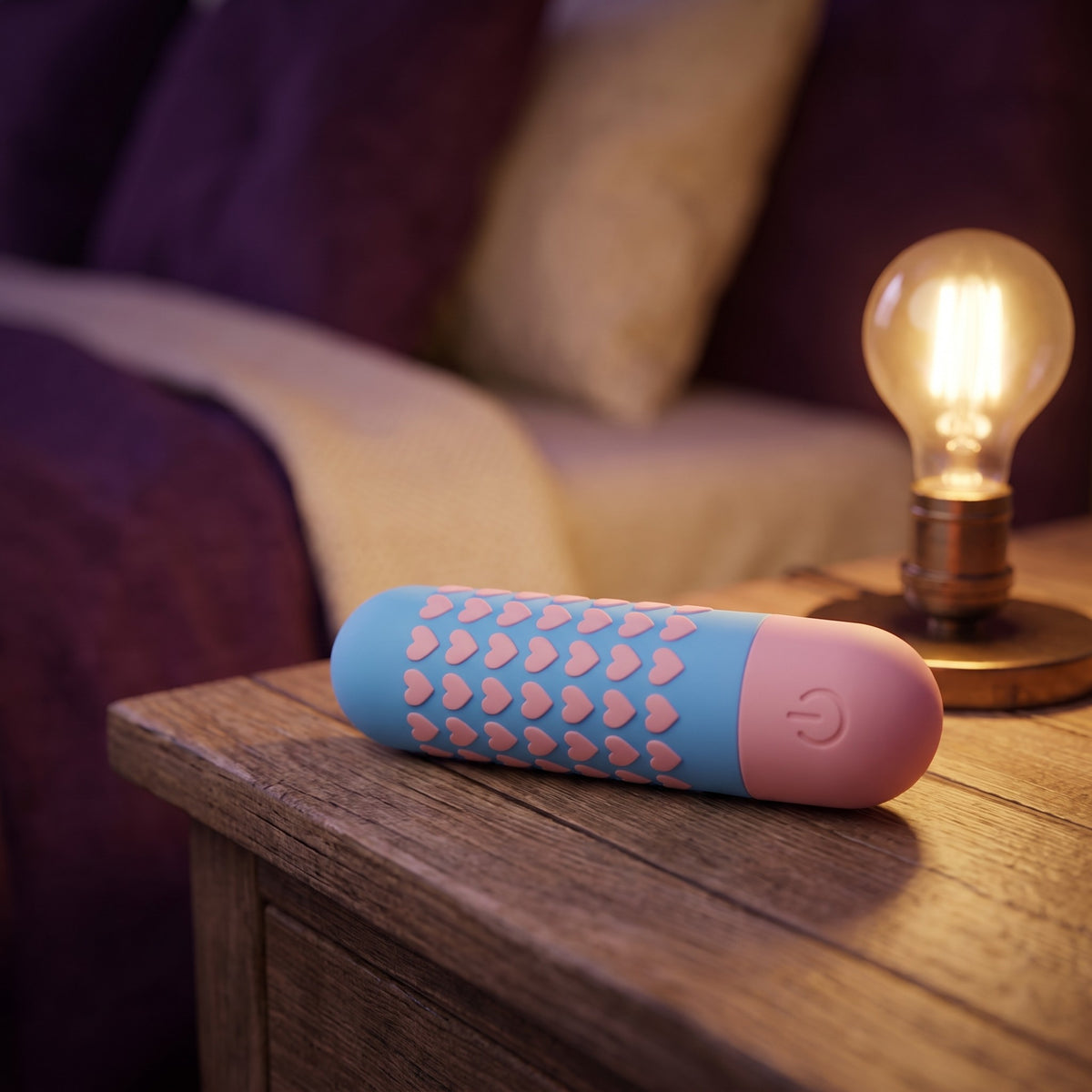 Sfeerbeeld: Mini vibrator Heart op een houten nachtkastje bij een brandende lamp
