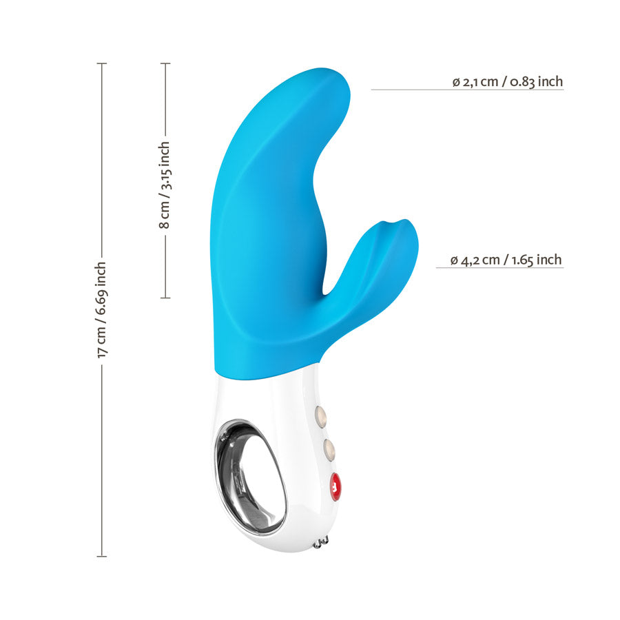 Maatschets Fun Factory Miss Bi: 17 cm lang, 8 cm inbrengbaar, schacht 4,2 cm en arm 2,1 cm dik