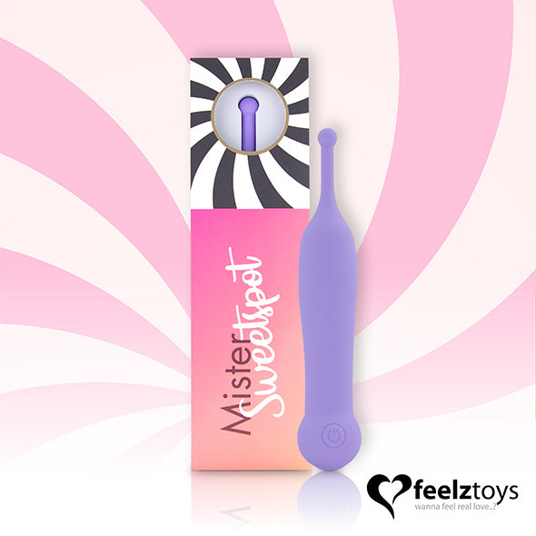 FeelzToys Mister Sweetspot clitorisvibrator in lila met verpakking, slanke siliconen pinpointstimulator
