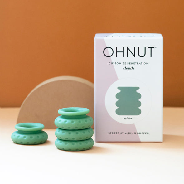 Vier groene Ohnut Wider ringen naast de witte doos van Ohnut