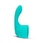 Zijaanzicht van aqua blauwe wand massager opzetstuk met gebogen vorm voor gerichte stimulatie