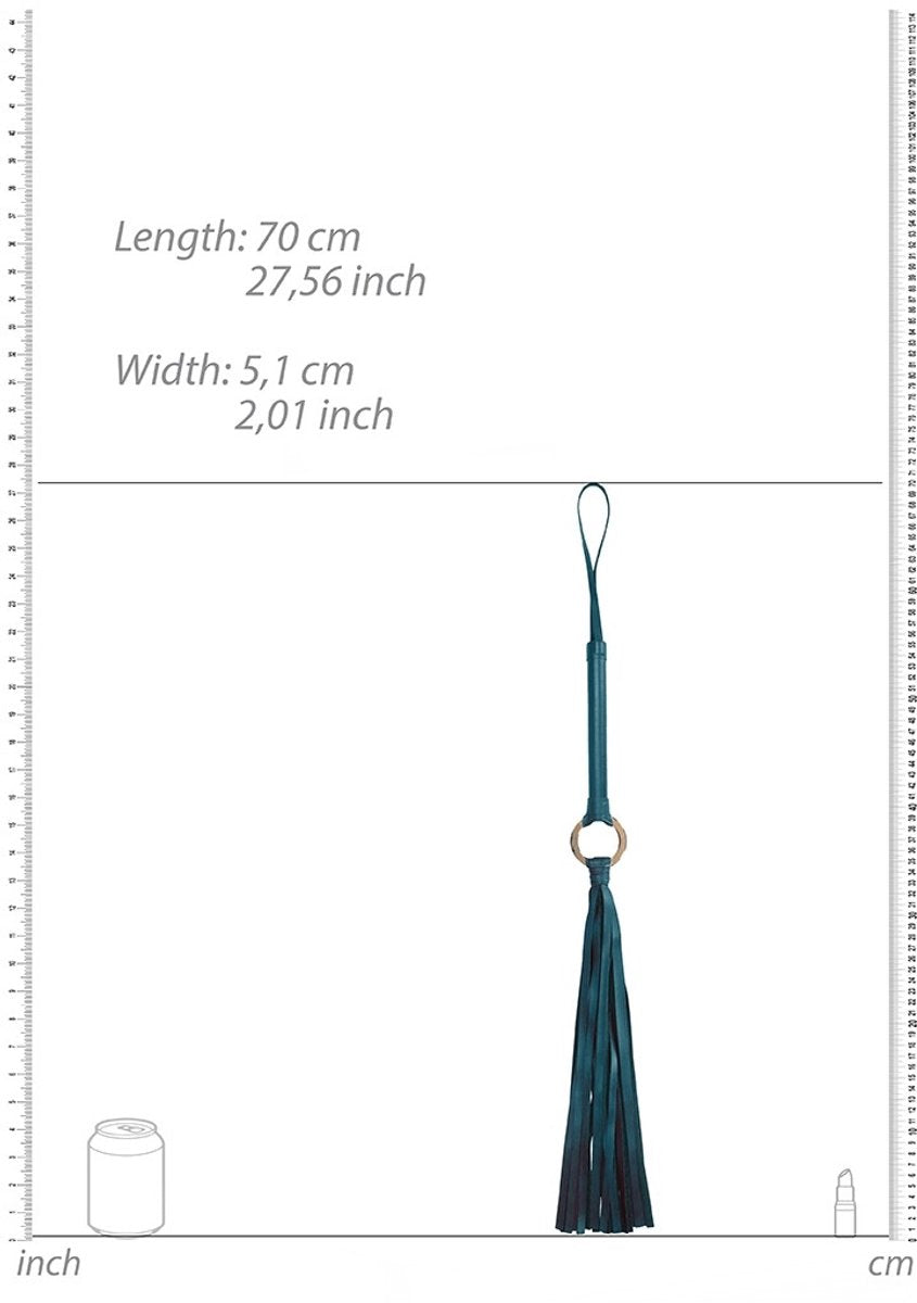 Maattekening van de groene flogger: 70 cm lang en 5,1 cm breed