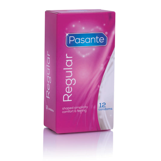 Zijaanzicht van Pasante Regular condooms doos met productinformatie en merklogo van De Paarse Keizerin