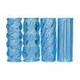Set van vier blauwe transparante penis sleeves met verschillende texturen: gevlochten, ruitpatroon, spiraal en geribbeld