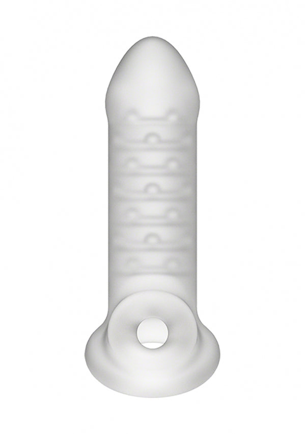 Transparante penissleeve met rijen noppen en ballstretcher, rechtop op wit