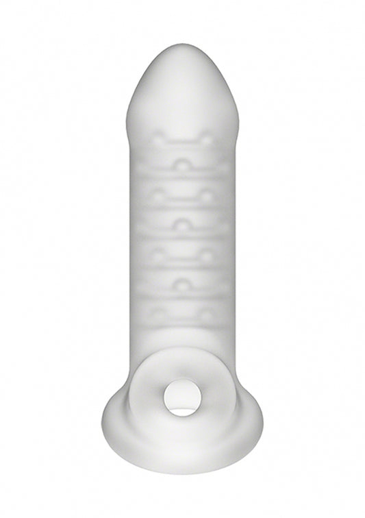 Close-up detail van transparant materiaal en flexibele opening van de penis sleeve