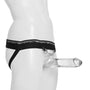 Complete holle strap-on gedragen door etalagepop met zwart harnas om het middel
